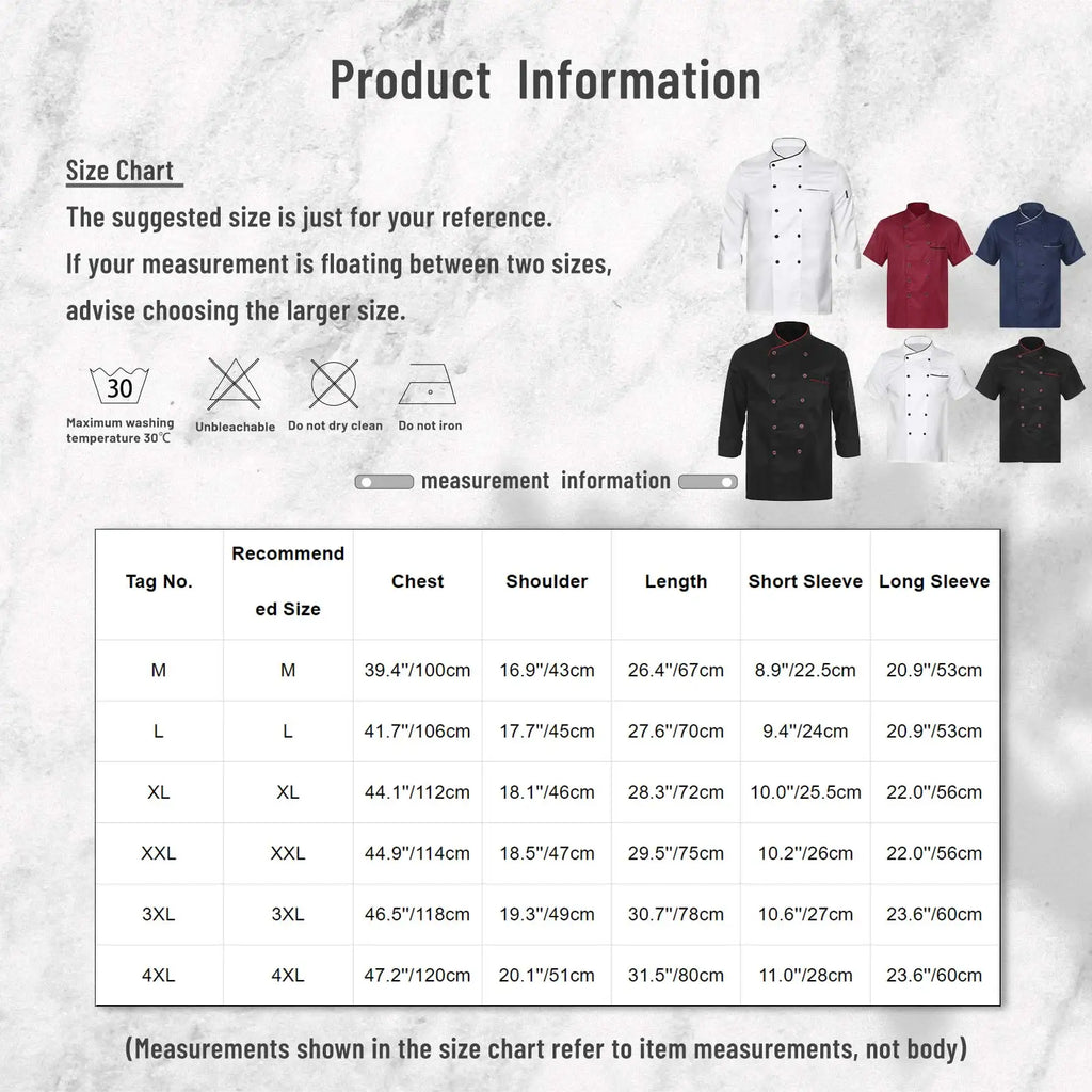 Unisex Double-Breasted Chef Coat Mens Food Service Trimming Cooks Jacket Womens Hotel Restaurant Canteen Kitchen Work Uniform