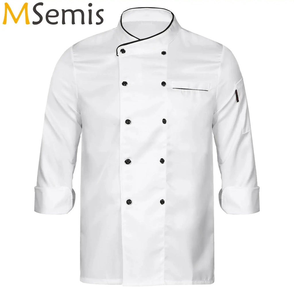 Unisex Double-Breasted Chef Coat Mens Food Service Trimming Cooks Jacket Womens Hotel Restaurant Canteen Kitchen Work Uniform