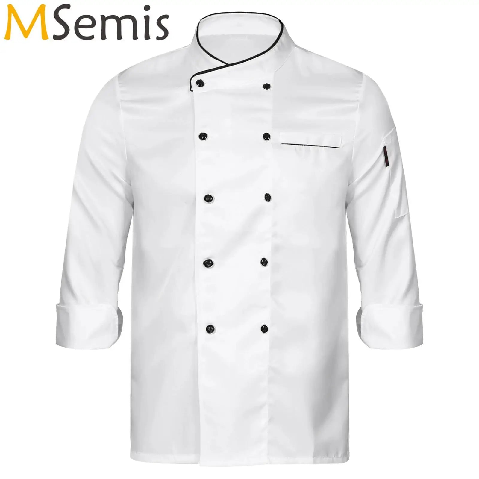 Unisex Double-Breasted Chef Coat Mens Food Service Trimming Cooks Jacket Womens Hotel Restaurant Canteen Kitchen Work Uniform