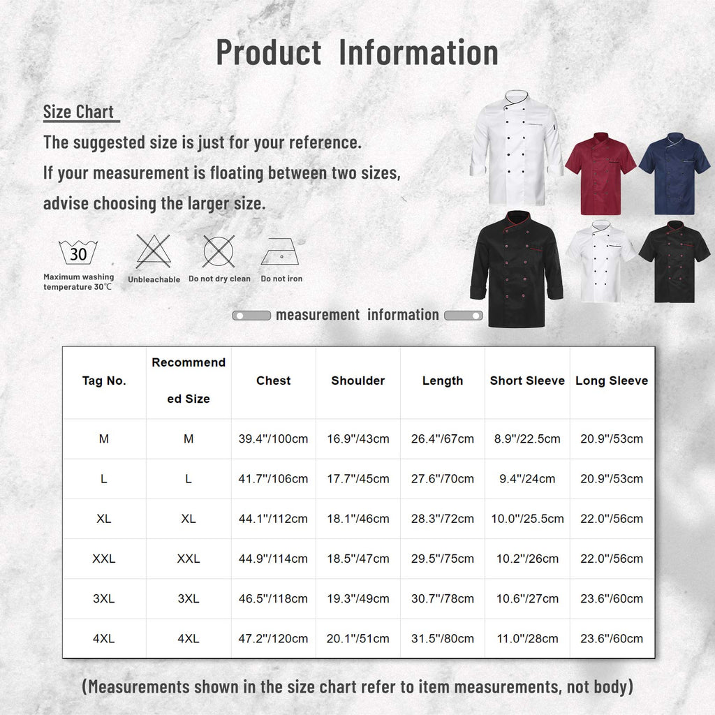 Unisex Double-Breasted Chef Coat Mens Food Service Trimming Cooks Jacket Womens Hotel Restaurant Canteen Kitchen Work Uniform
