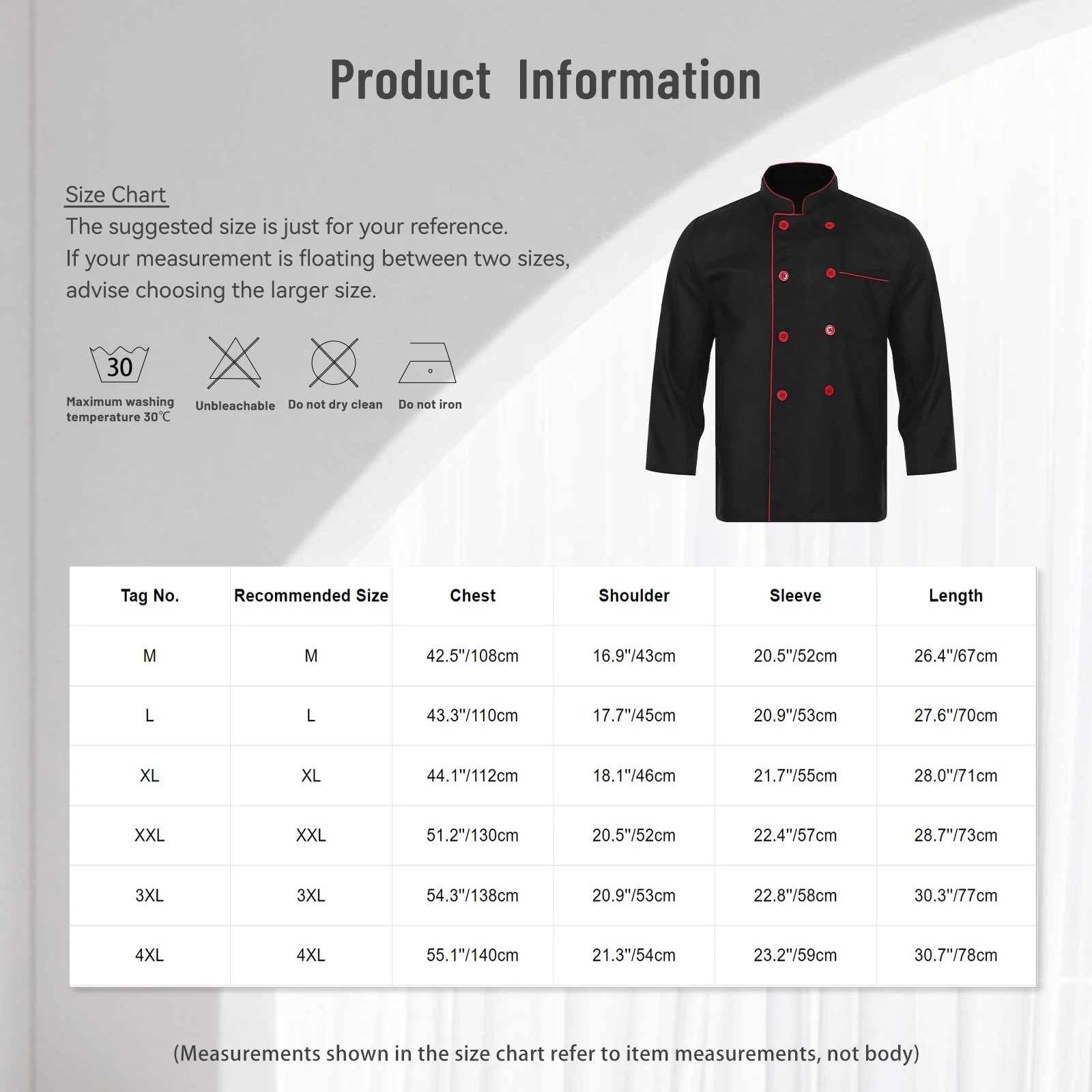 Mens Chef Jacket Long Sleeve Two-breasted Jacket Work Wear