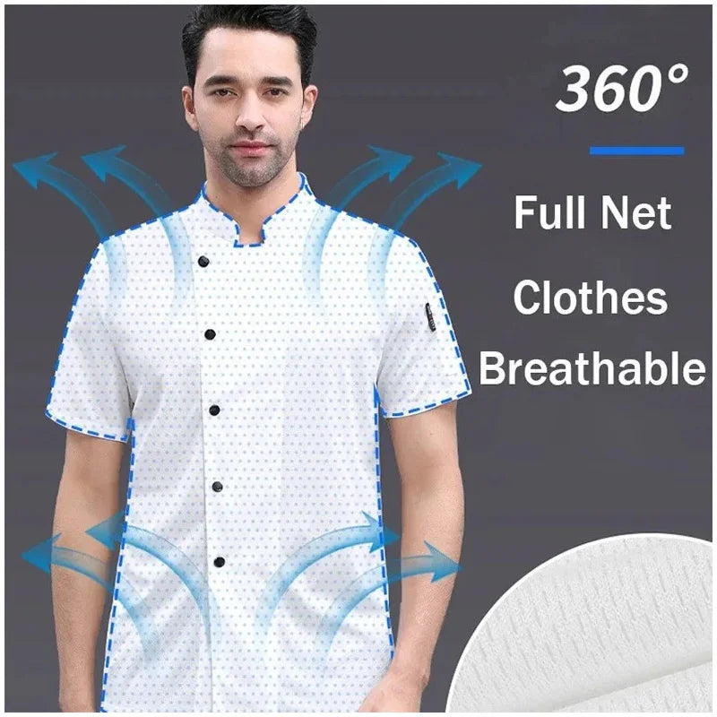 2025 Summer 360°Breathable Mesh Chef Jacket Men Women Short Sleeve Cooking Shirt Cool Work Tops Food Service Kitchen Outfit