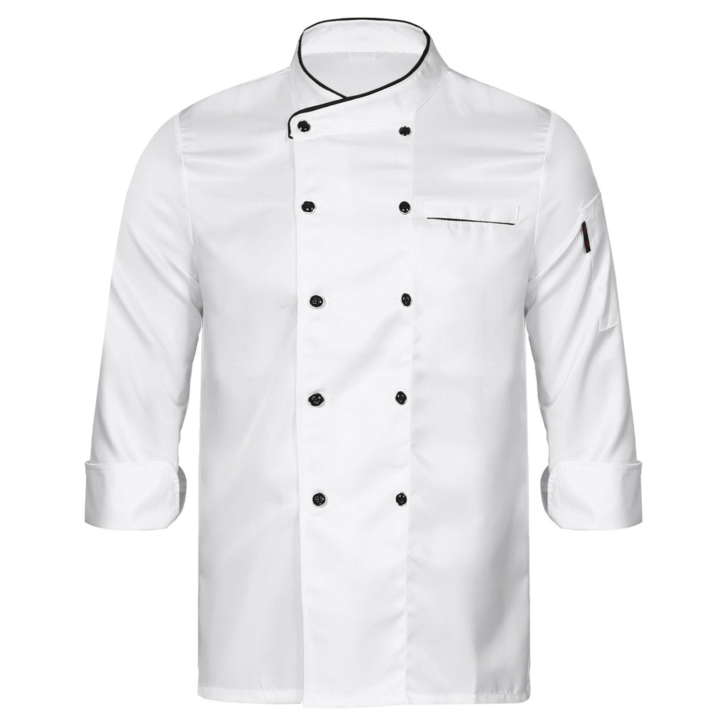 Unisex Double-Breasted Chef Coat Mens Food Service Trimming Cooks Jacket Womens Hotel Restaurant Canteen Kitchen Work Uniform