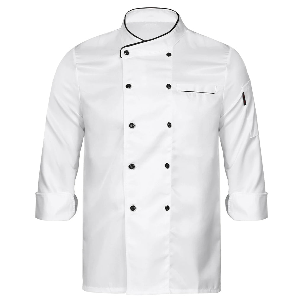 Unisex Double-Breasted Chef Coat Mens Food Service Trimming Cooks Jacket Womens Hotel Restaurant Canteen Kitchen Work Uniform