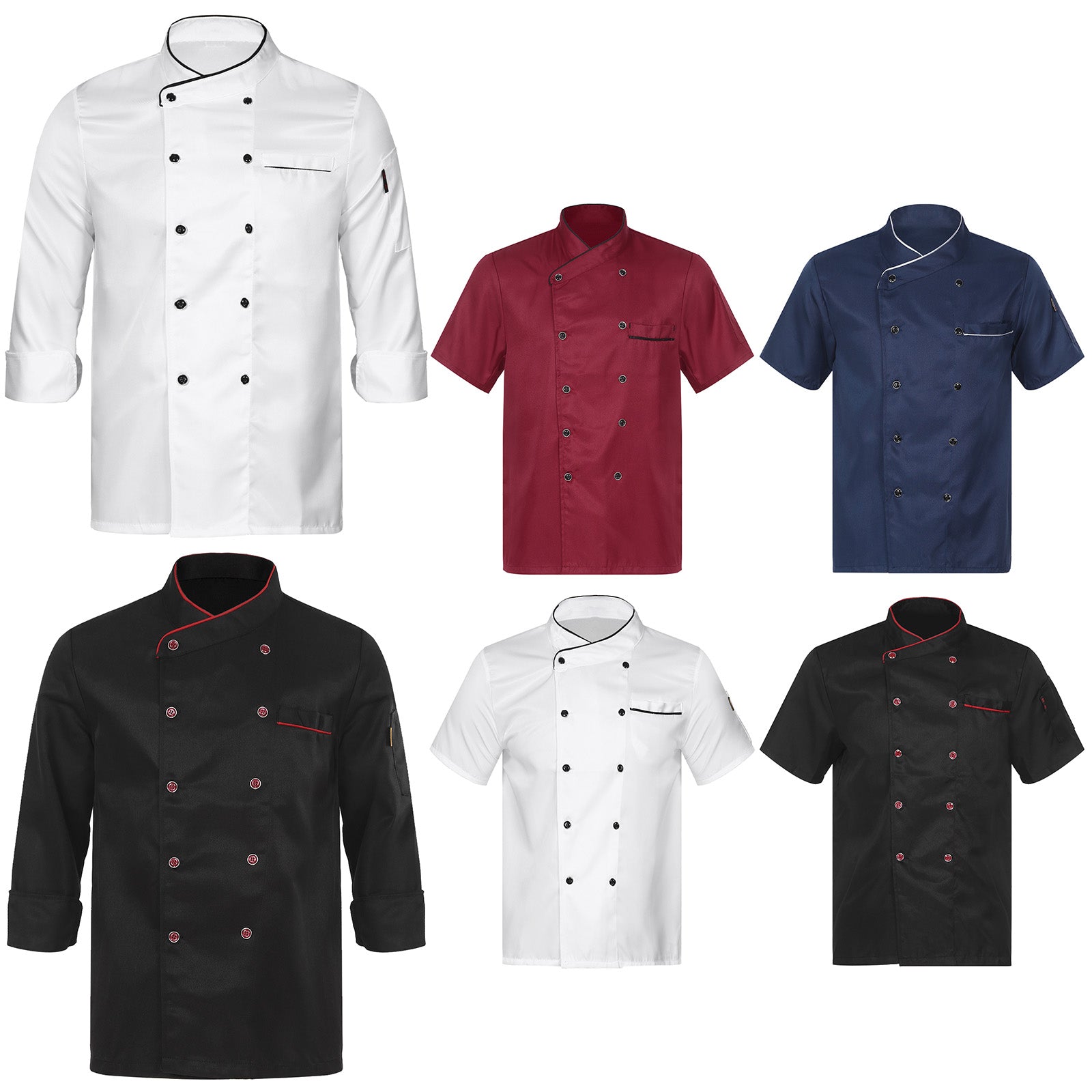Unisex Double-Breasted Chef Coat Mens Food Service Trimming Cooks Jacket Womens Hotel Restaurant Canteen Kitchen Work Uniform